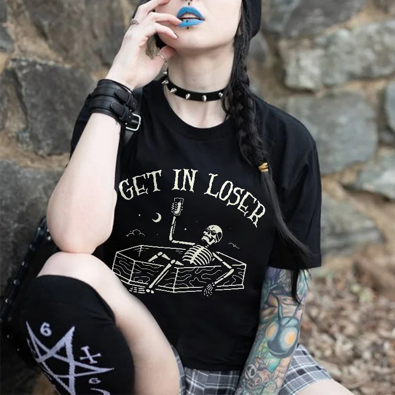 Get In Loser Skull Printed Women's T-shirt -  