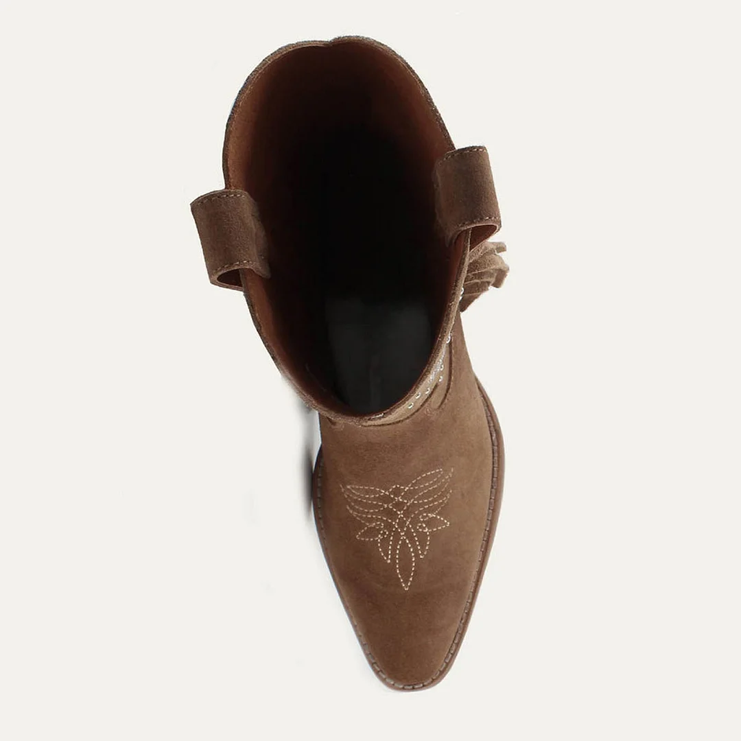 Brown Rhinestone Stacked Heel Fringe Western Boots for Women