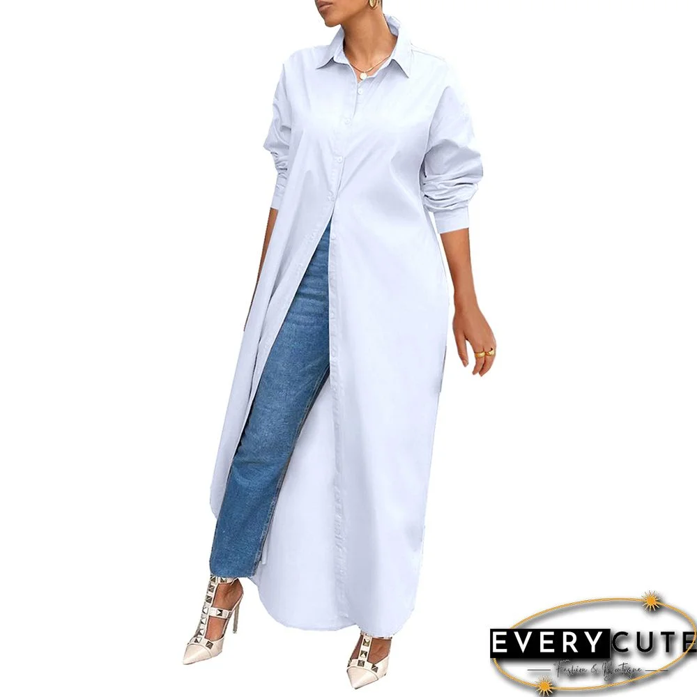 White Long Sleeve Buttoned Maxi Shirt Dress