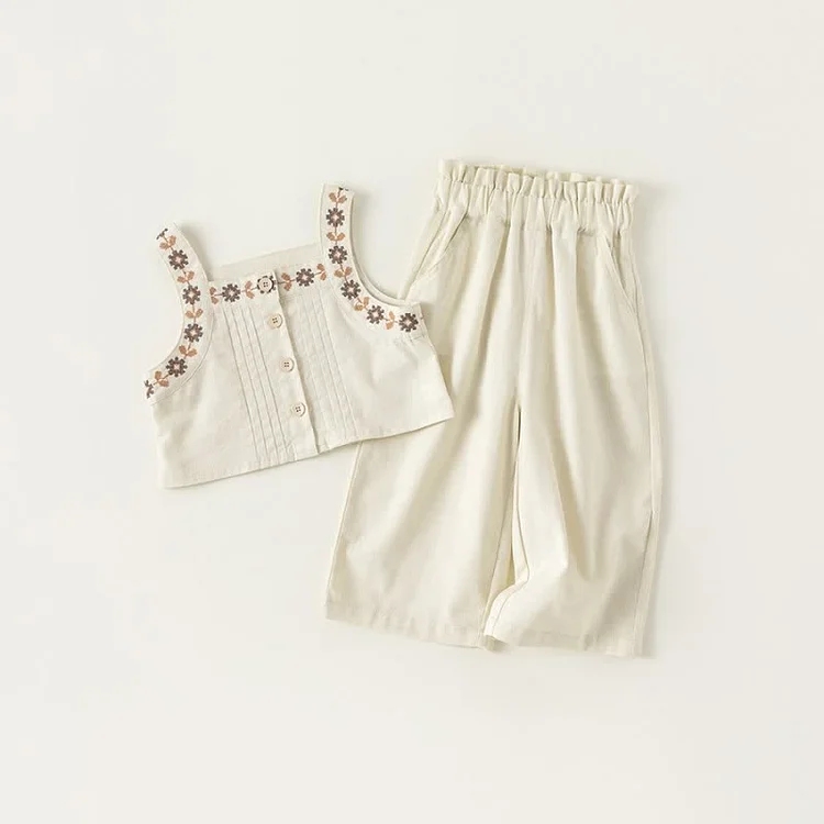 Toddler Girl Embroidered Flower Camisole and Pants Set