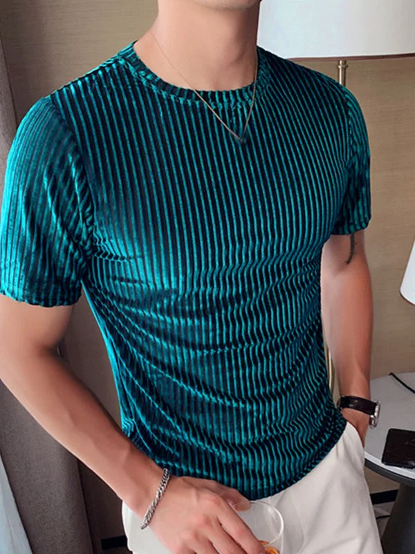 Aonga - Mens Velvet Striped Round Neck Casual T-shirtsI