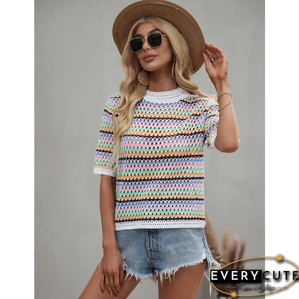 White Colorblock Striped Hollow Out Knit Sweater