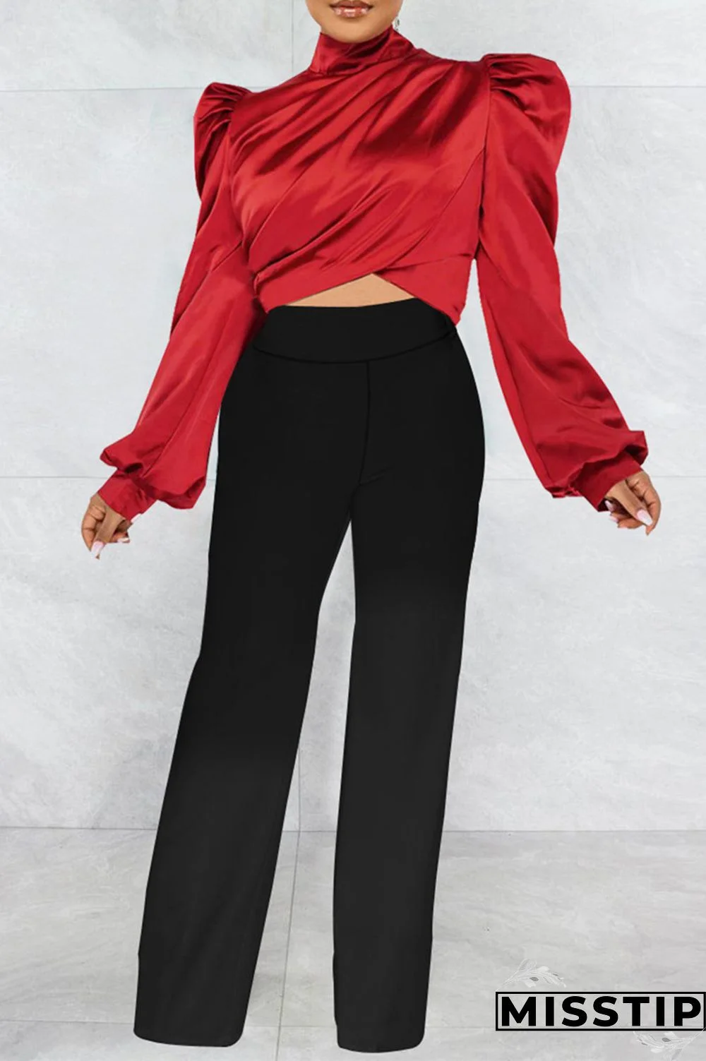 Red Casual Solid Patchwork Turtleneck Tops