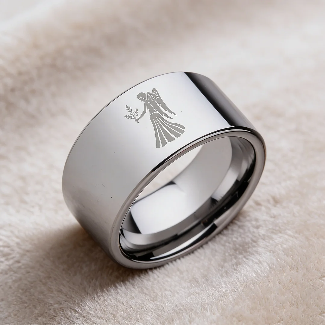 4MM 6MM 8MM 10MM Width Silver Flat Tungsten Wedding Bands Zodiac Virgo Laser Couple Tungsten Carbide Rings