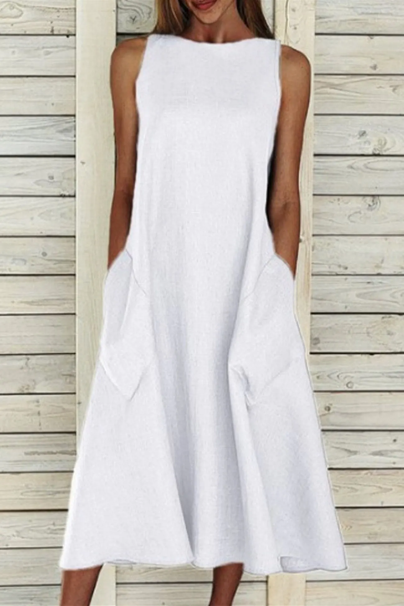 Cotton Sleeveless Large Pocket A-line Dress