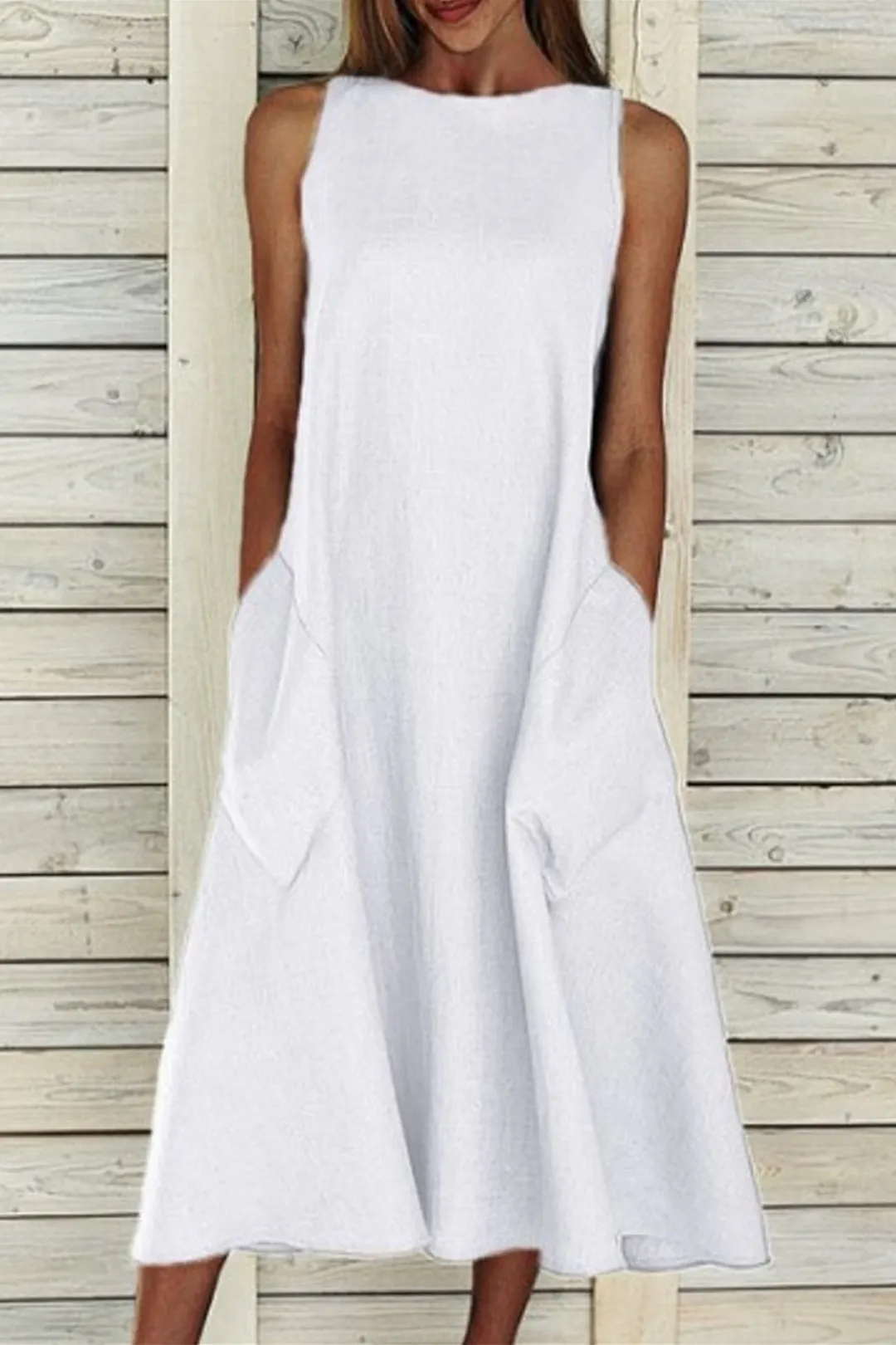 Cotton Sleeveless Large Pocket A-line Dress