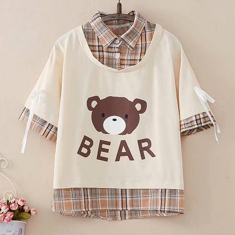 Bear Print Lace Fake Two-Piece Polo T-Shirt - Modakawa Modakawa