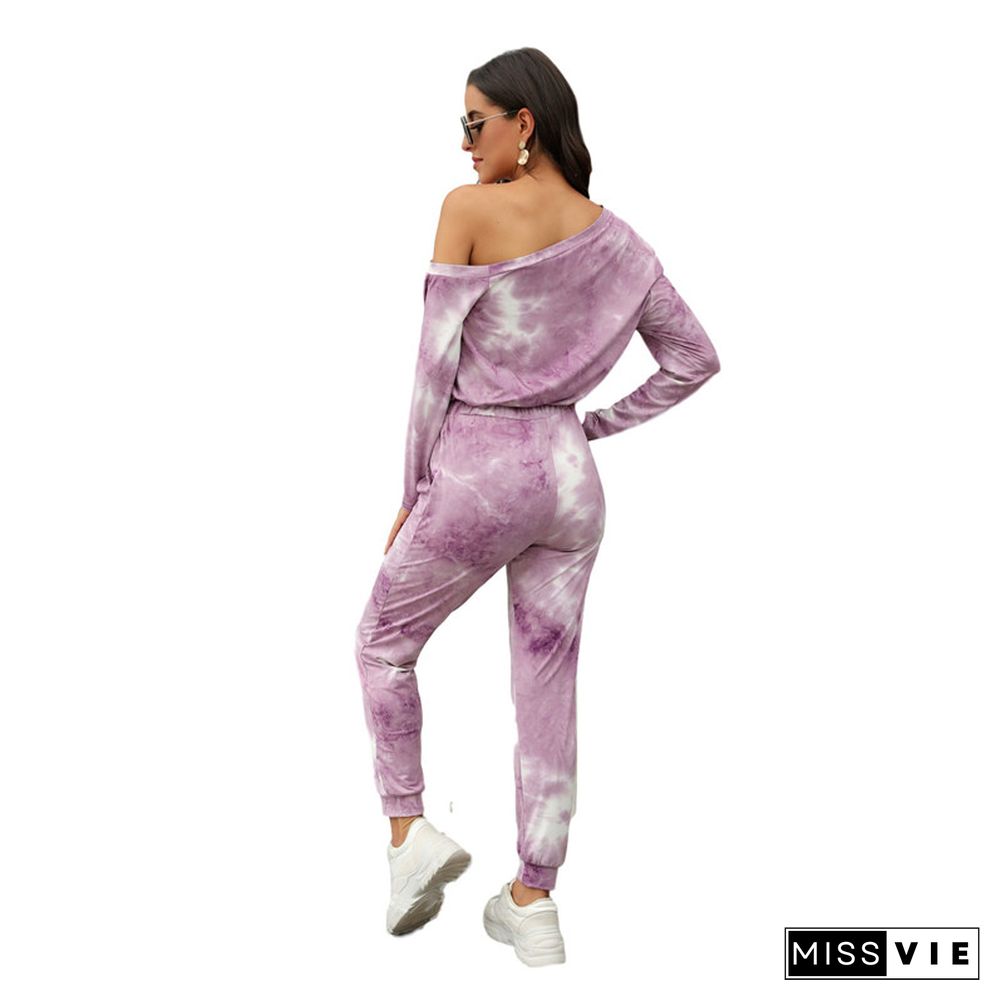 Womens Tie Dye Print Jumpsuit Streetwear Off Shoulder Lace One Piece Romper Overalls
