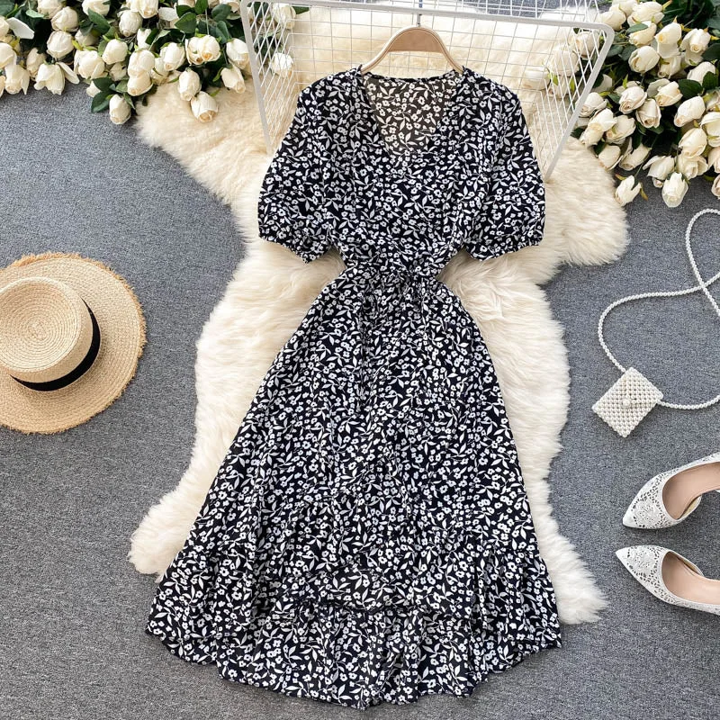 Croysier Women Dresses Summer 2021 Beach Floral Ruffle High Low Midi Dress Elegant Belted V Neck Short Puff Sleeve Wrap Dress