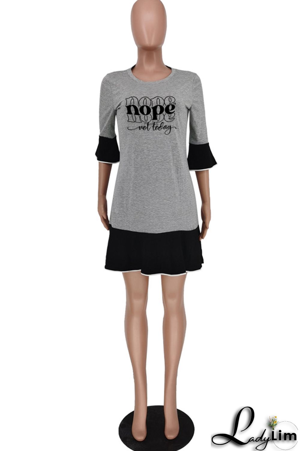 Black Gray Fashion Casual Letter Print Patchwork O Neck Dresses