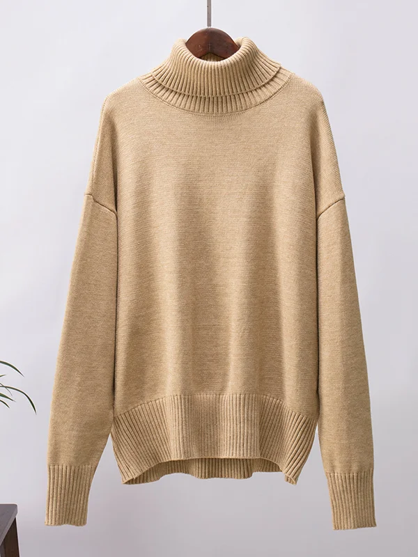 High-Low Long Sleeves Solid Color Split-Joint High Neck Sweater Tops