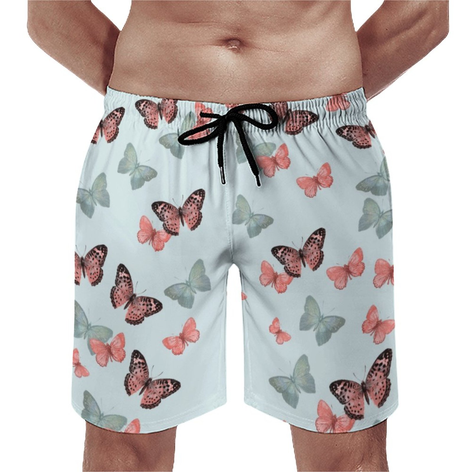 Butterfly Pattern In Blue Coral And Teal Elegant Men's Swim Trunks Summer Board Shorts Quick Dry Beach Short with Pockets