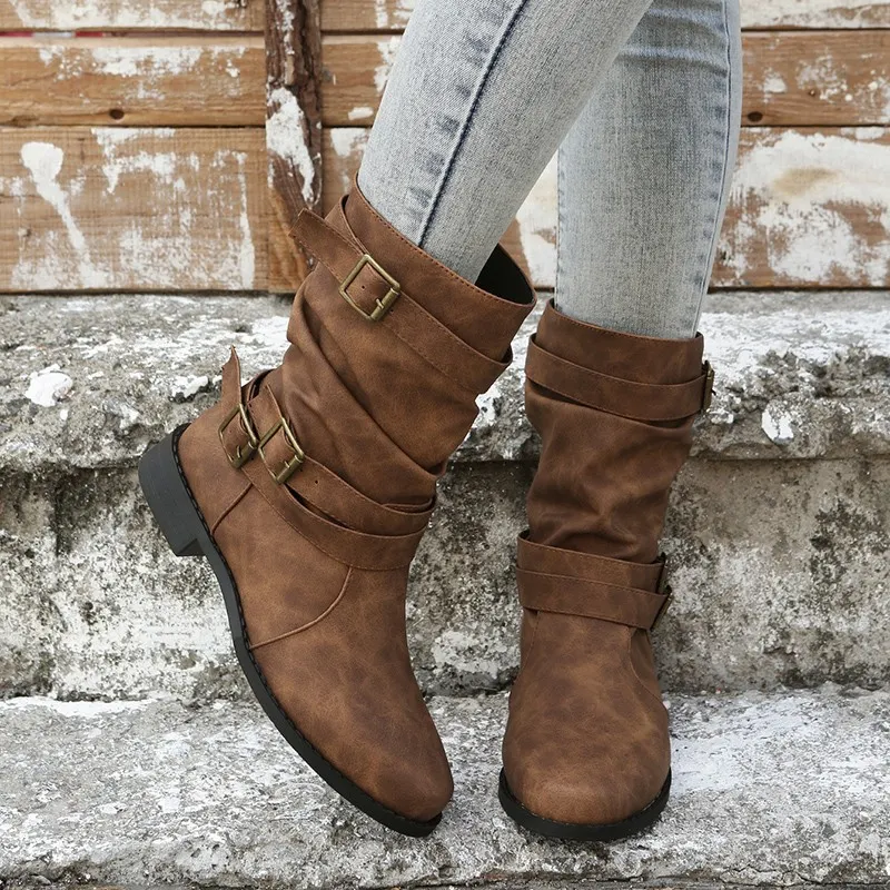 Breakj Breakj Autumn And Winter Martin Boots Belt Buckle Large Size Cylinder Cylindrical Women's Leather Boots
