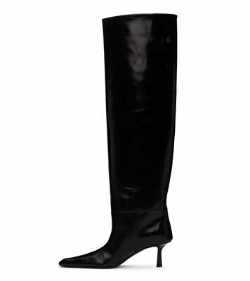VCSHOES Hot Women Blue Denim Jeans Black Brown Matte Leather Pointed Toe 65 Mm Thin Heels Tube Knee High Boots Shoes Lady