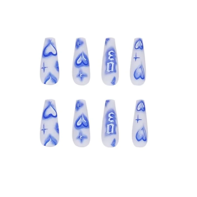 24pcs/Set Press On Nails Extra Long Blue Ink Heart Pattern Coffin Fake Nails Removable Ballerina Nail Accessory Art Full Tips-Nail Inspo