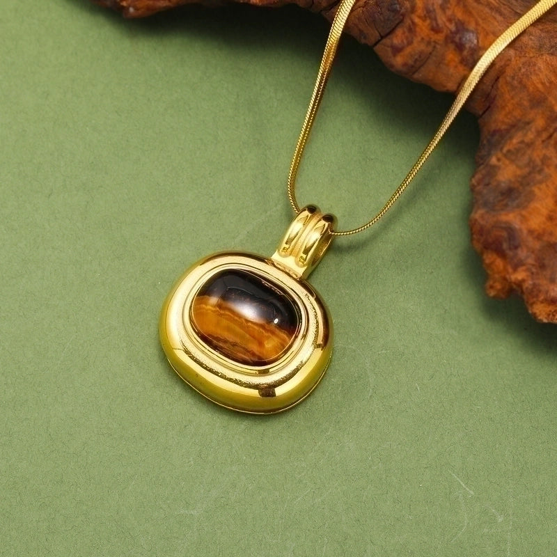 Titanium Steel IG Style Minimalist Oval Plating Inlay Turquoise Opal Tiger Eye Pendant Necklace