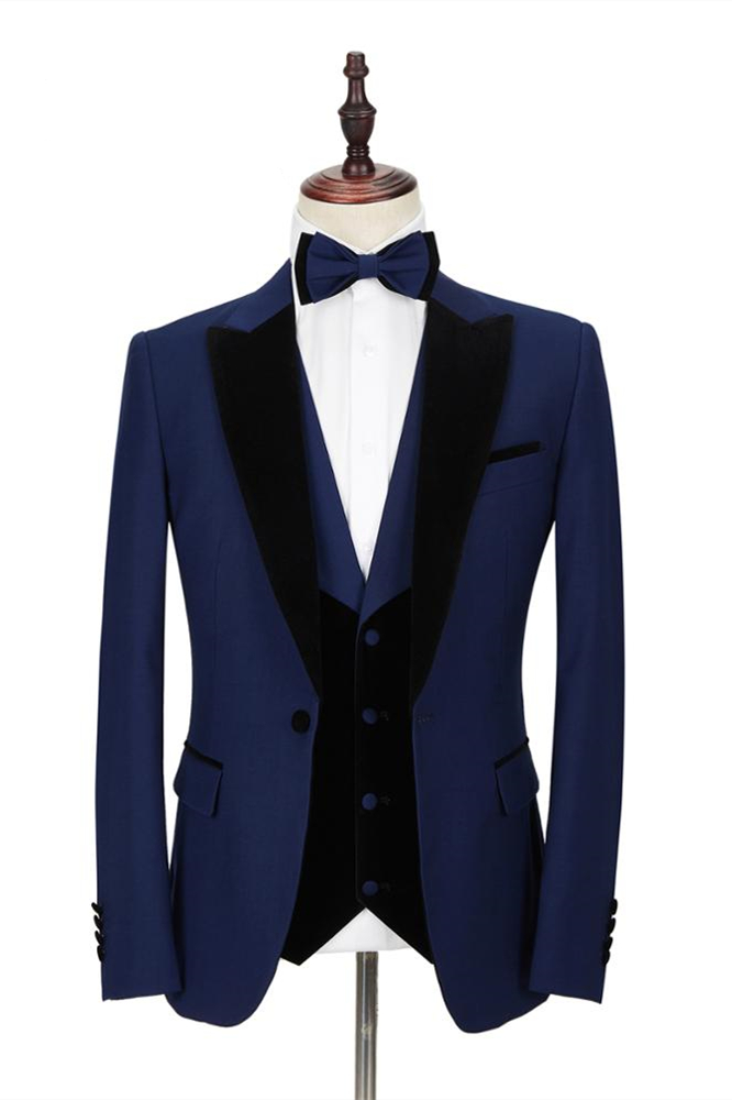 Bellasprom Dark Blue Peak Lapel Men's Wedding Suit Velvet Lapel Formal Suit Bellasprom