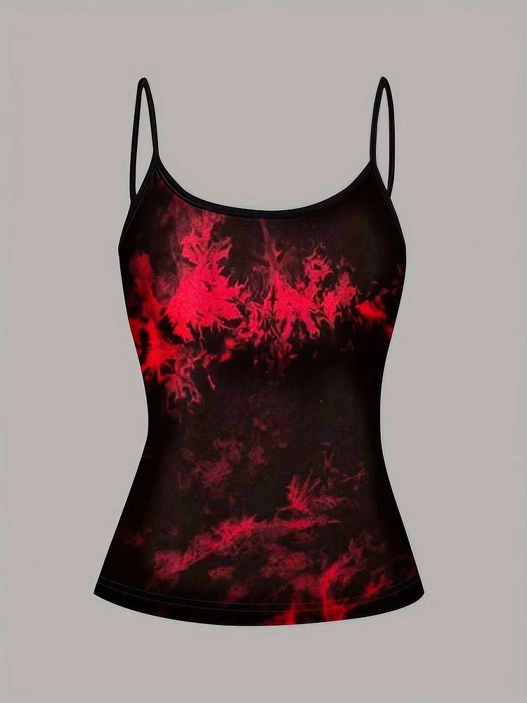 Women's Elegant Black & Red Tie-Dye Cami Top - Sexy Spaghetti Strap Summer Tank With High Neckline, Breathable Polyester Blend, Perfect For Casual Or Chic Outfits, Casual Chic Top | High Neckline Top | Stylish Spaghetti Straps, Ladies Tank To