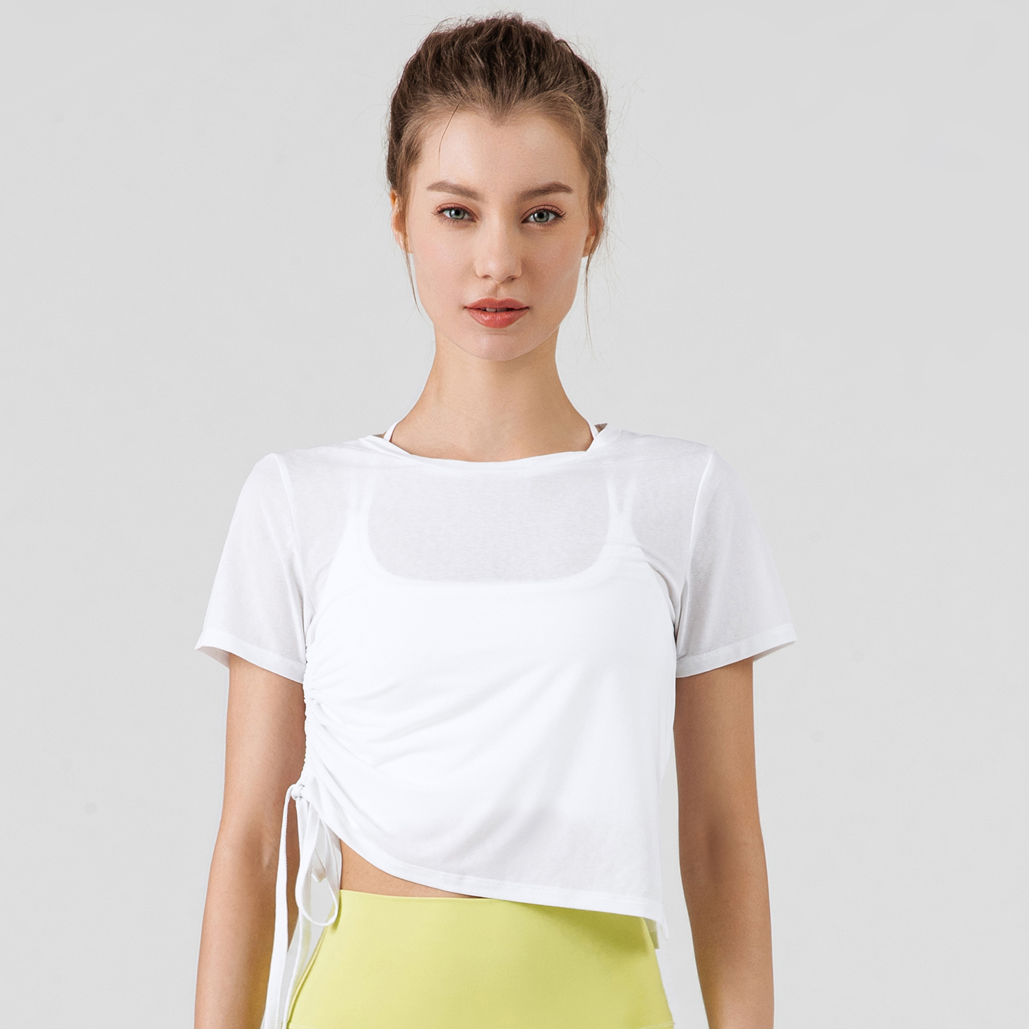 Hergymclothing White soft lightweight side scrunch ruched drawstring asymmetrical design loose cool cropped top sports gym t shirts online shopping