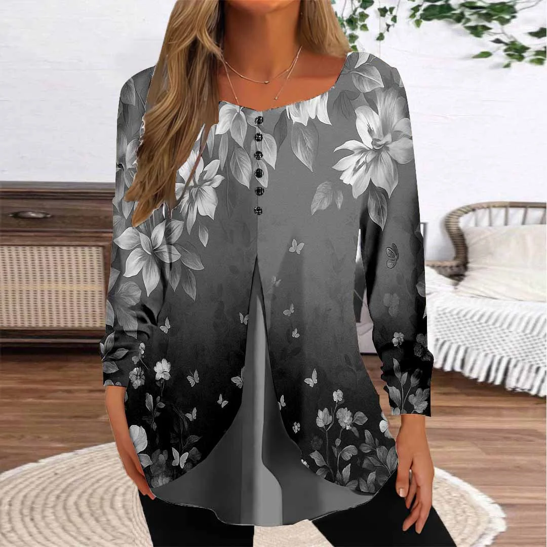 Women Floral,Black DZGG8320 Long Sleeve Scoop Neck Printed Graphic Button Fake 2in1 Tops