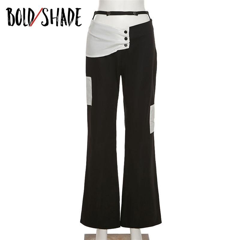 Bold Shade Fairy Grunge Patchwork Pants High Waist Button Straight Boot Cut Pants Streetwear Trend Gothic Women Indie Trousers