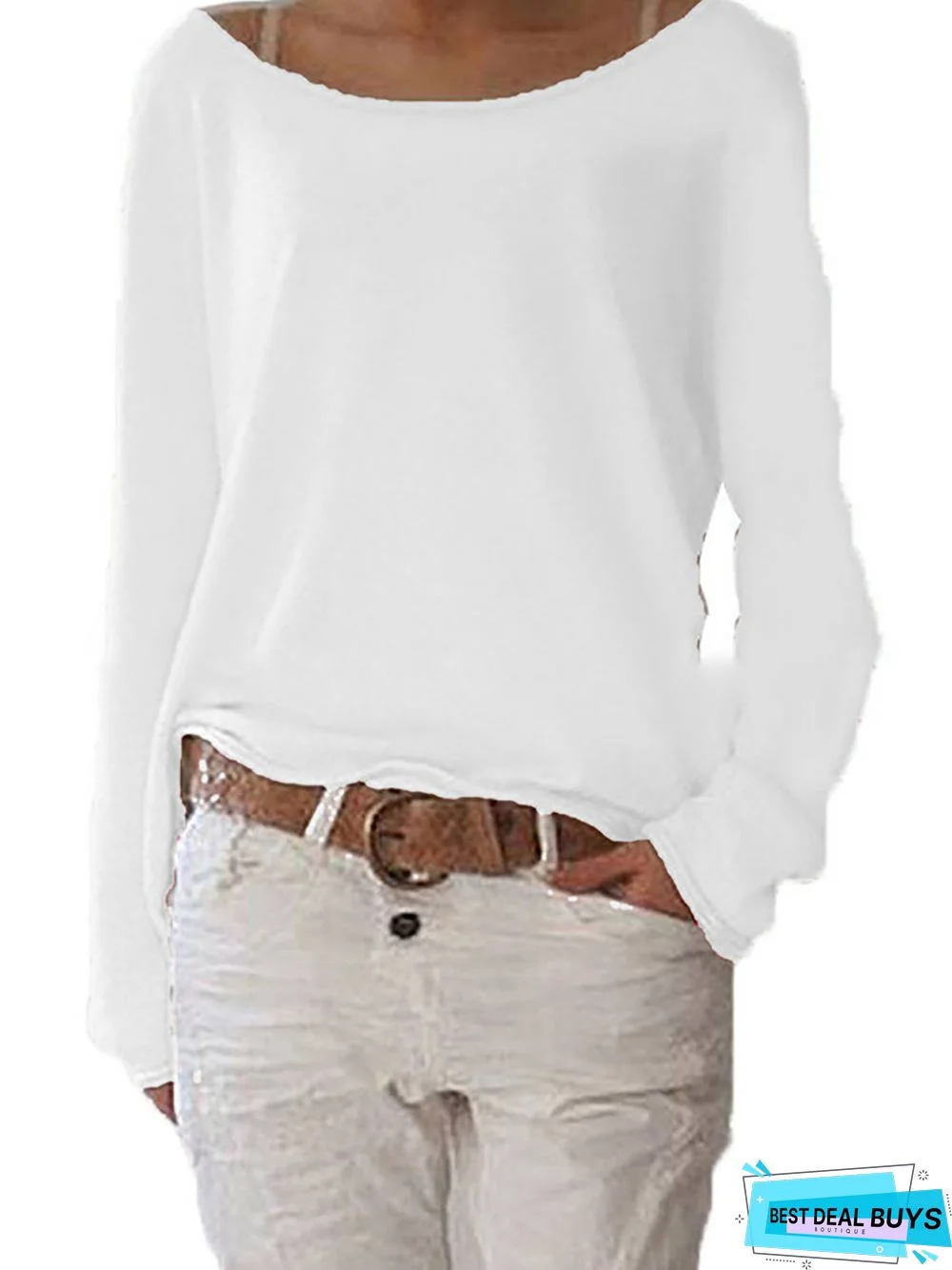 Crew Neck Long Sleeve Cotton Solid T-Shirt