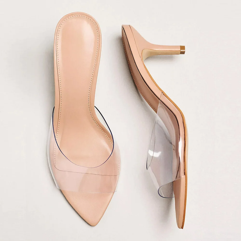 Casual Nude PVC Pointed Toe Slip On Mid Stiletto Heeled Mules