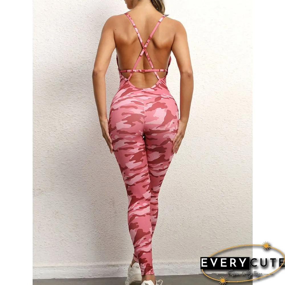 Pink Camo Print Back Criss-cross Nylon Jumpsuit