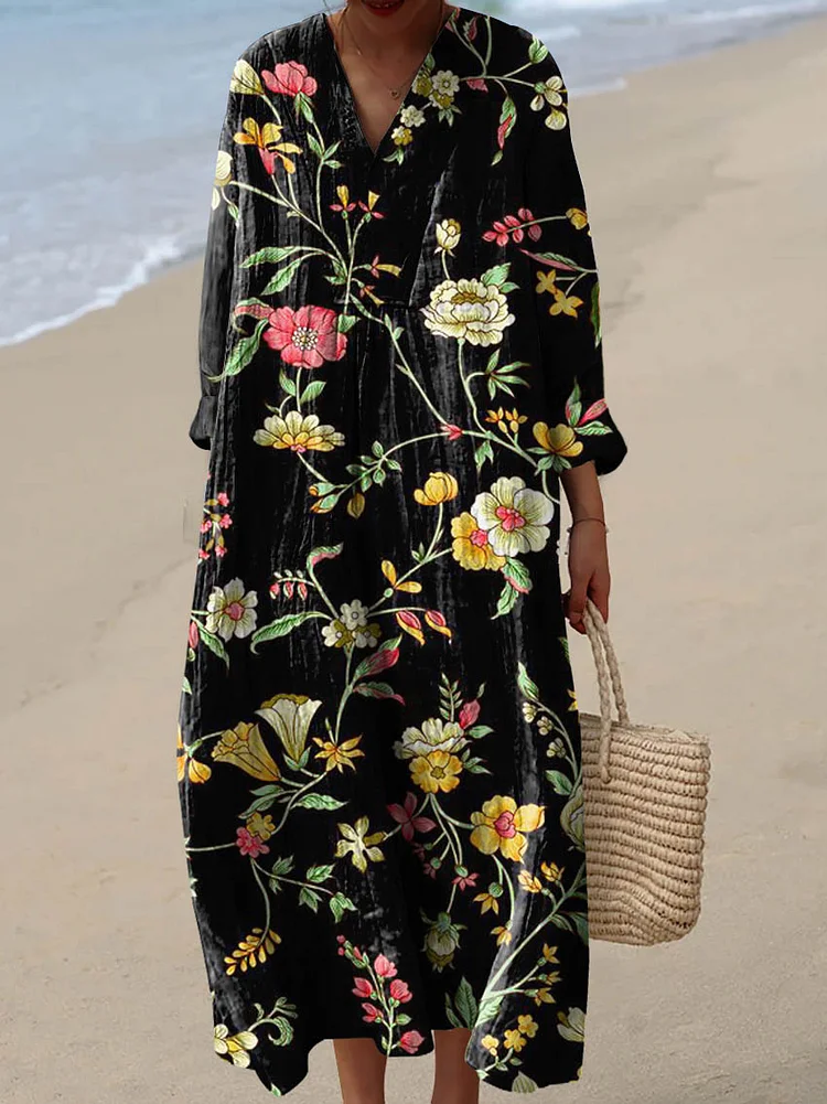 Women's Vintage Lovely Floral Art Print Cotton Dress