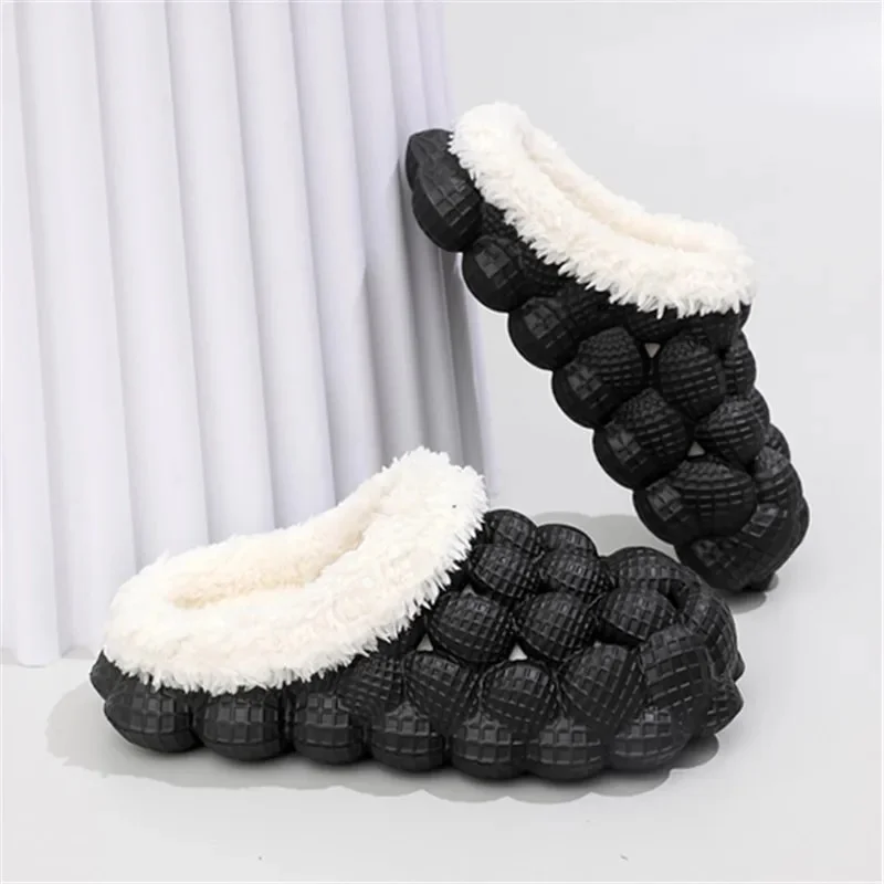 Zhungei Women Winter Fur Warm Cotton Slippers Indoor Home Couple Funny Bubble Shoes Comfy Plush Non Slip House Slippers Woman Plus Size