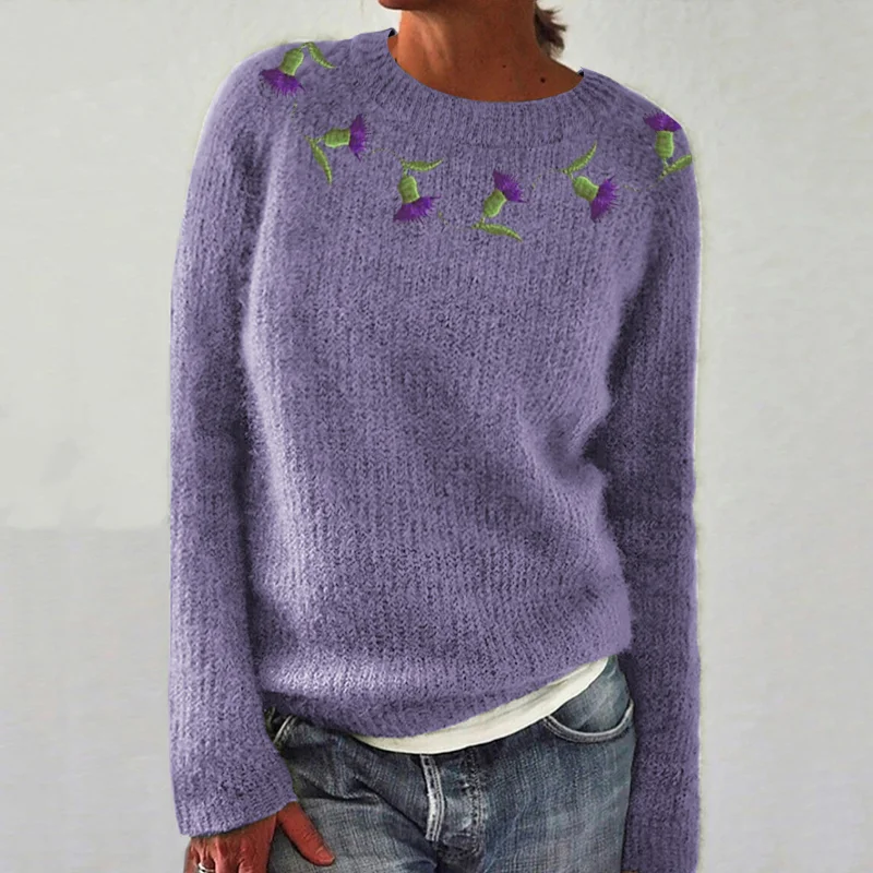 Thistle Embroidery Cozy Knit Sweater