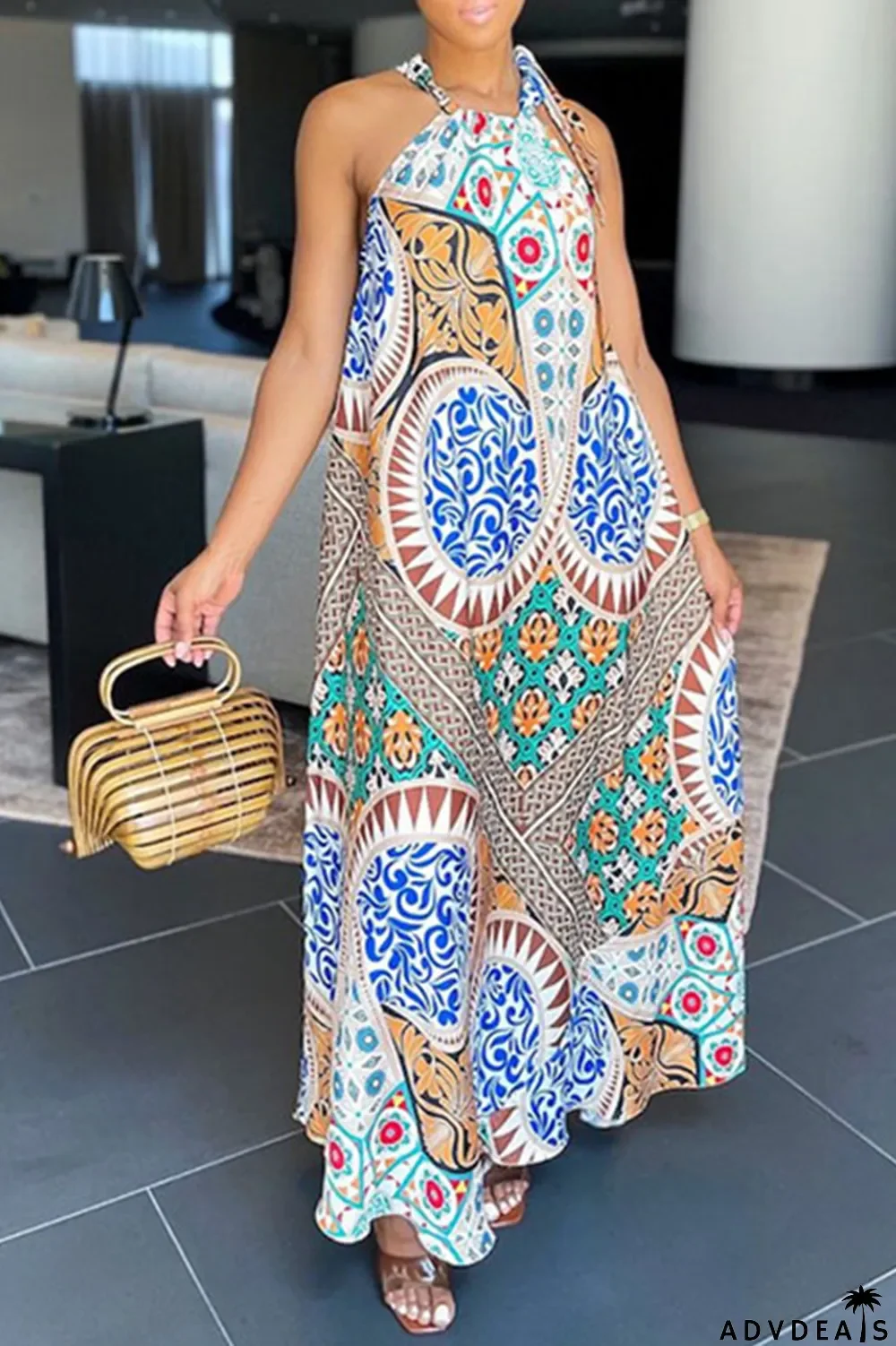 Tangerine Red Casual Print Patchwork Halter Straight Dresses