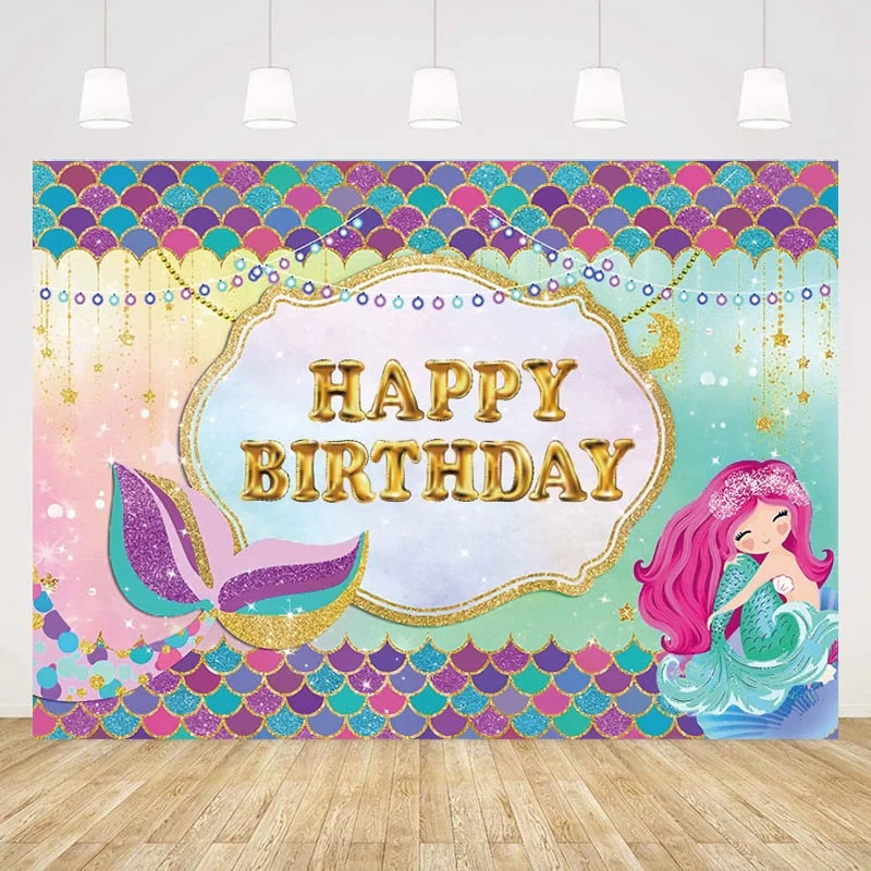 180x110cm Little Mermaid Party Backdrops Under the Sea Party Photography Background Kids Birthday Party Decorations Baby Shower