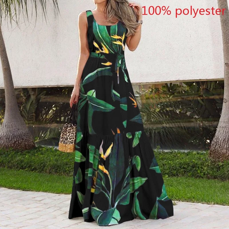 Graduation Gifts  2023 Summer Bohemian Long Dress Women  Party Maxi Sundress Sleeveless Floral Print Casual Ruffles Belt Beach Vestidos