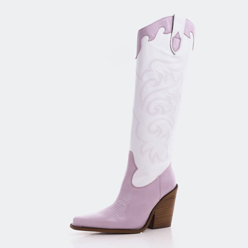 Lavender & White Snip Toe Zip Knee-High Cowgirl Boots with Embroidery Nicepairs