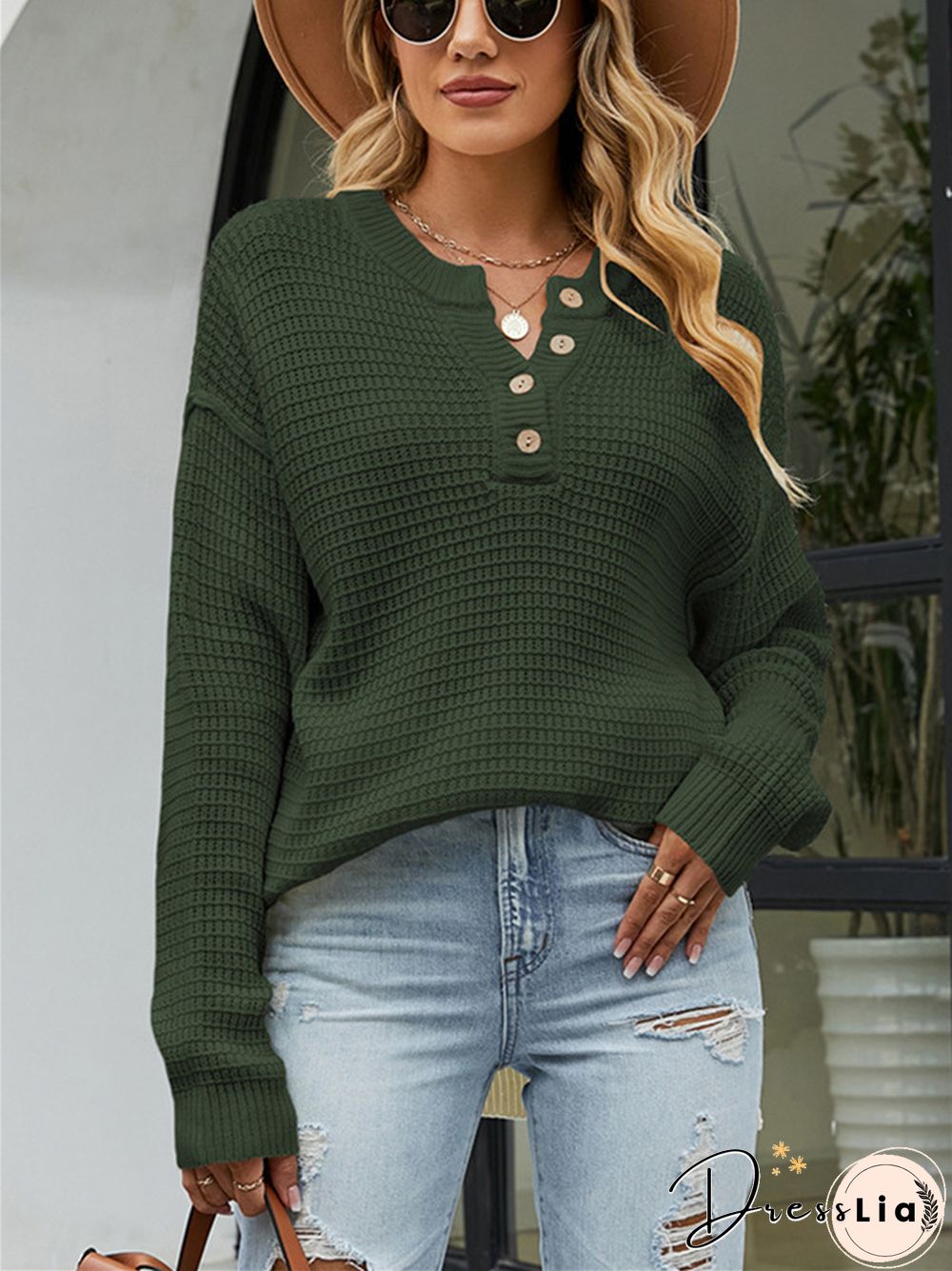 Casual Loose Solid Color Button Sweater