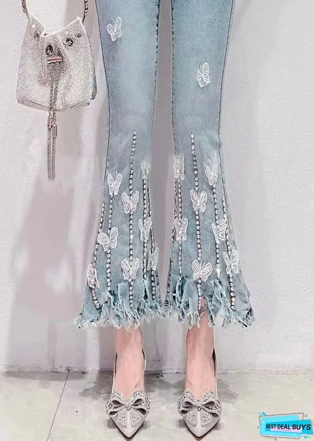 New Blue Zircon Pockets High Waist Denim Crop Pants Spring