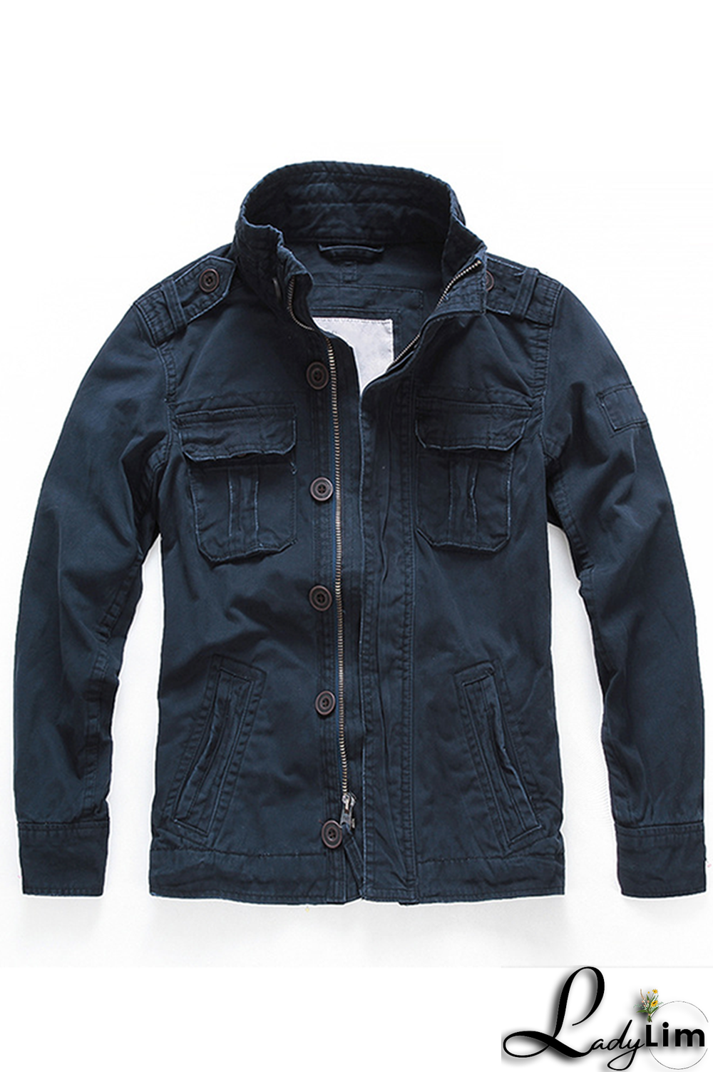 Green Fashion Casual Solid Camouflage Print Buckle Zipper Mandarin Collar Outerwear