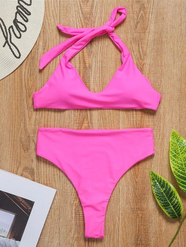 Popular Solid Color Sexy Halterneck Split Bikini Swimsuit