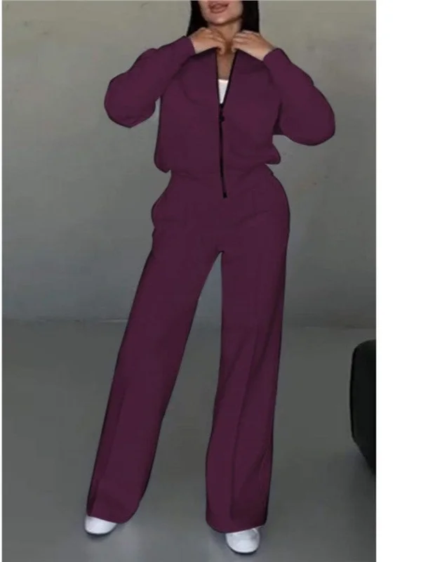 Athvotar Athvotar New Autumn And Winter Women's Casual Zipper Jacket Wide Leg Pants Fashion Set