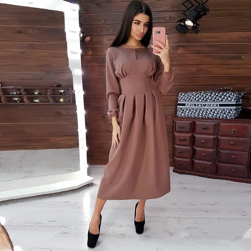 Women Vintage Front Hollow Out A-line Party Dress Long Sleeve O neck Solid A-line Party Dress 2019 Winter Fashion Women Dress