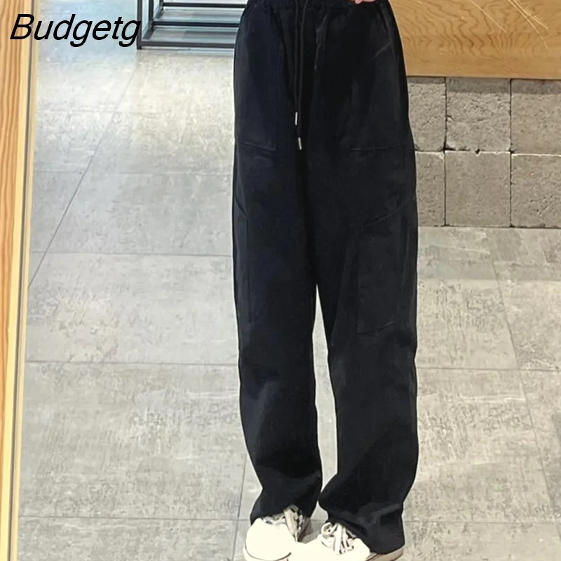 Budgetg Khaki Black Wide Leg Pants for Women 2023 Drawstring Loose Harajuku Trousers Woman Streetwear High Waisted Pants Female