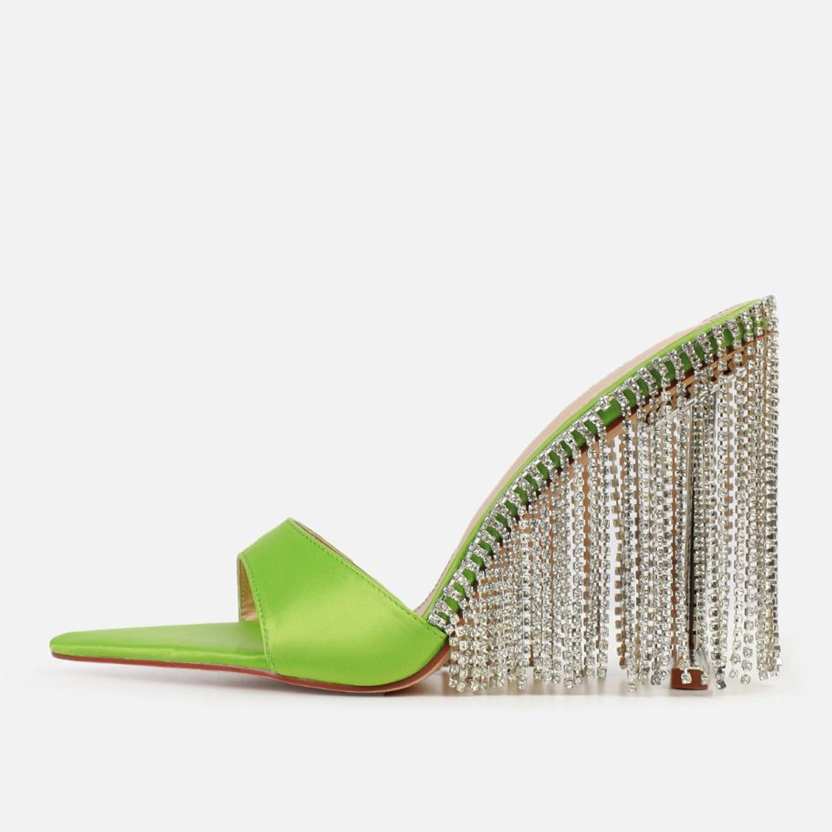 Green Pointed Toe Rhinestone Fringe Stiletto Heel Slide Sandals Nicepairs