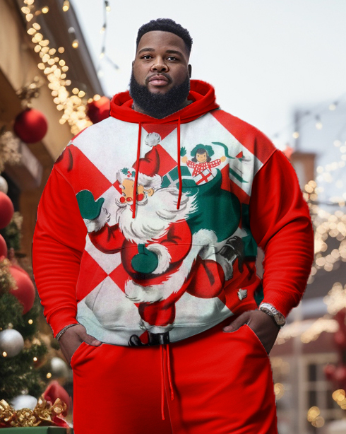 Men's Plus Size Santa Claus Color Block Merry Christmas Cane Hoodie Set of Two