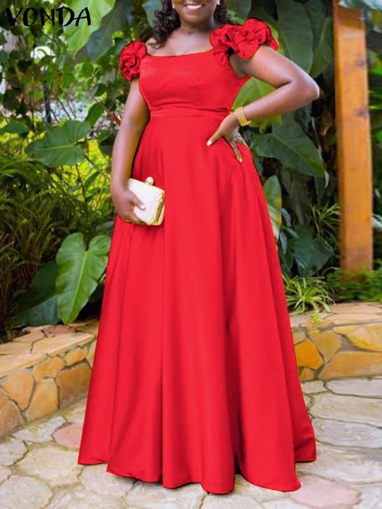 Big Swing A-line Maxi Dress Women Summer Party Dress 2022 VONDA Vintage Solid Color Robe Elegant Bohemian Sundress Femininas