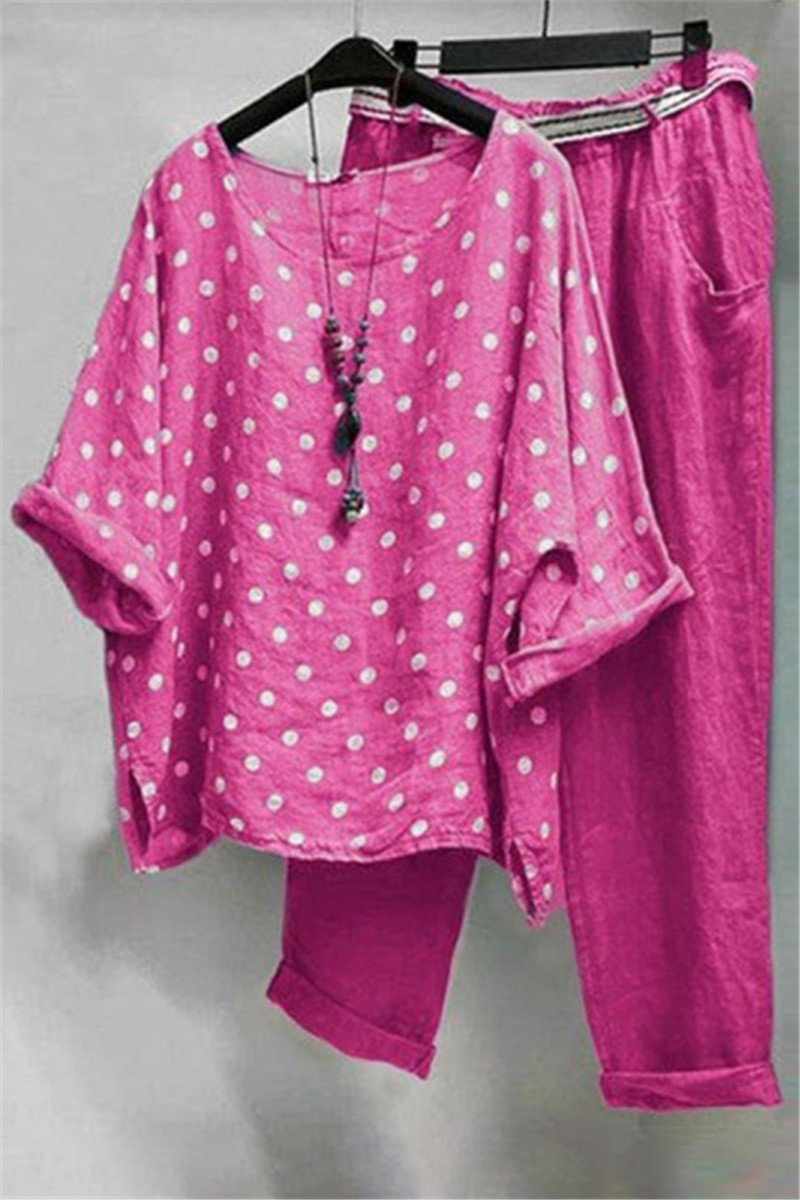 Casual Polka Point Print Round Neck Half Sleeve T Shirt Pants Two Piece Set
