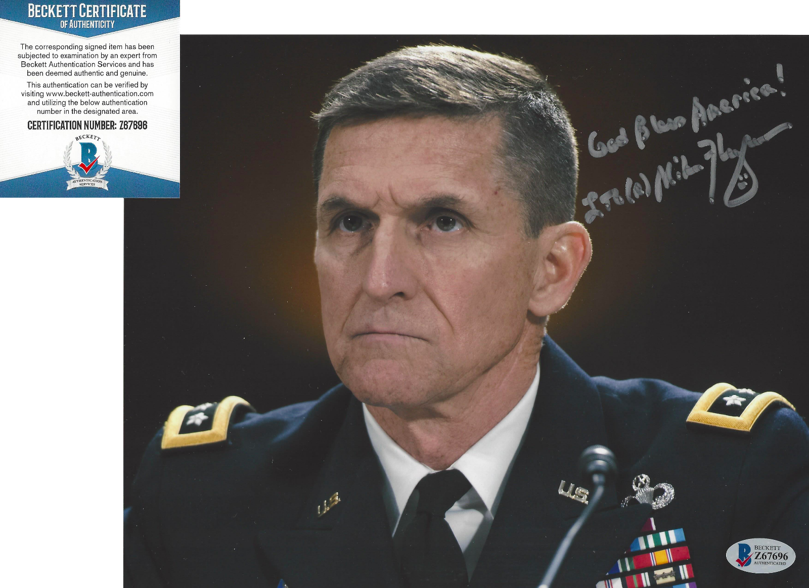 GENERAL MICHAEL FLYNN SIGNED AUTHENTIC 8x10 Photo Poster painting B LTG TRUMP BECKETT COA BAS