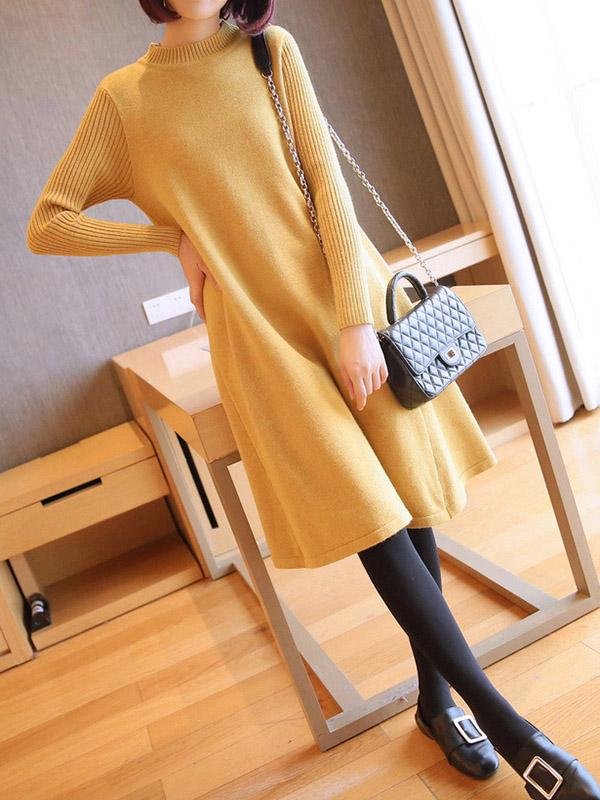 Loose Solid Round-Neck Knitting Sweater Dress