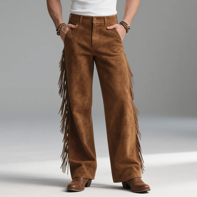 Okaywear Suede Fringe Mid Rise Straight Leg Pants 