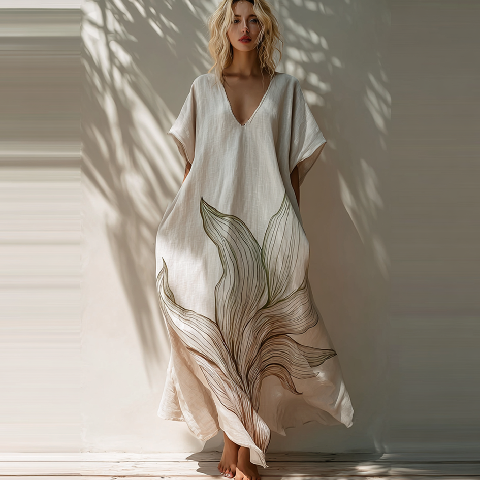 Plant Pattern Design Casual Linen Dress elevenforest